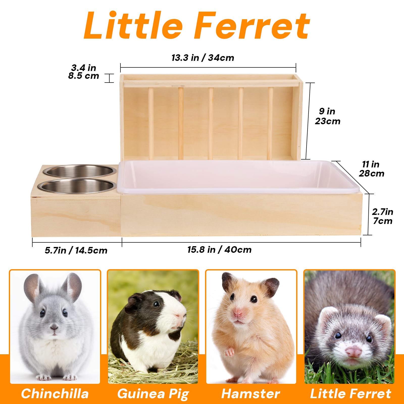 SANXHAMSTER wooden hay feeder with dual stainless bowls, durable and hygienic