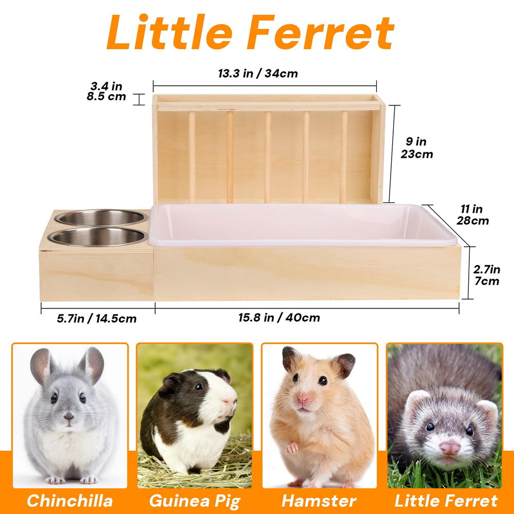 SANXHAMSTER wooden hay feeder with dual stainless bowls, durable and hygienic