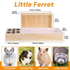 SANXHAMSTER wooden hay feeder with dual stainless bowls, durable and hygienic