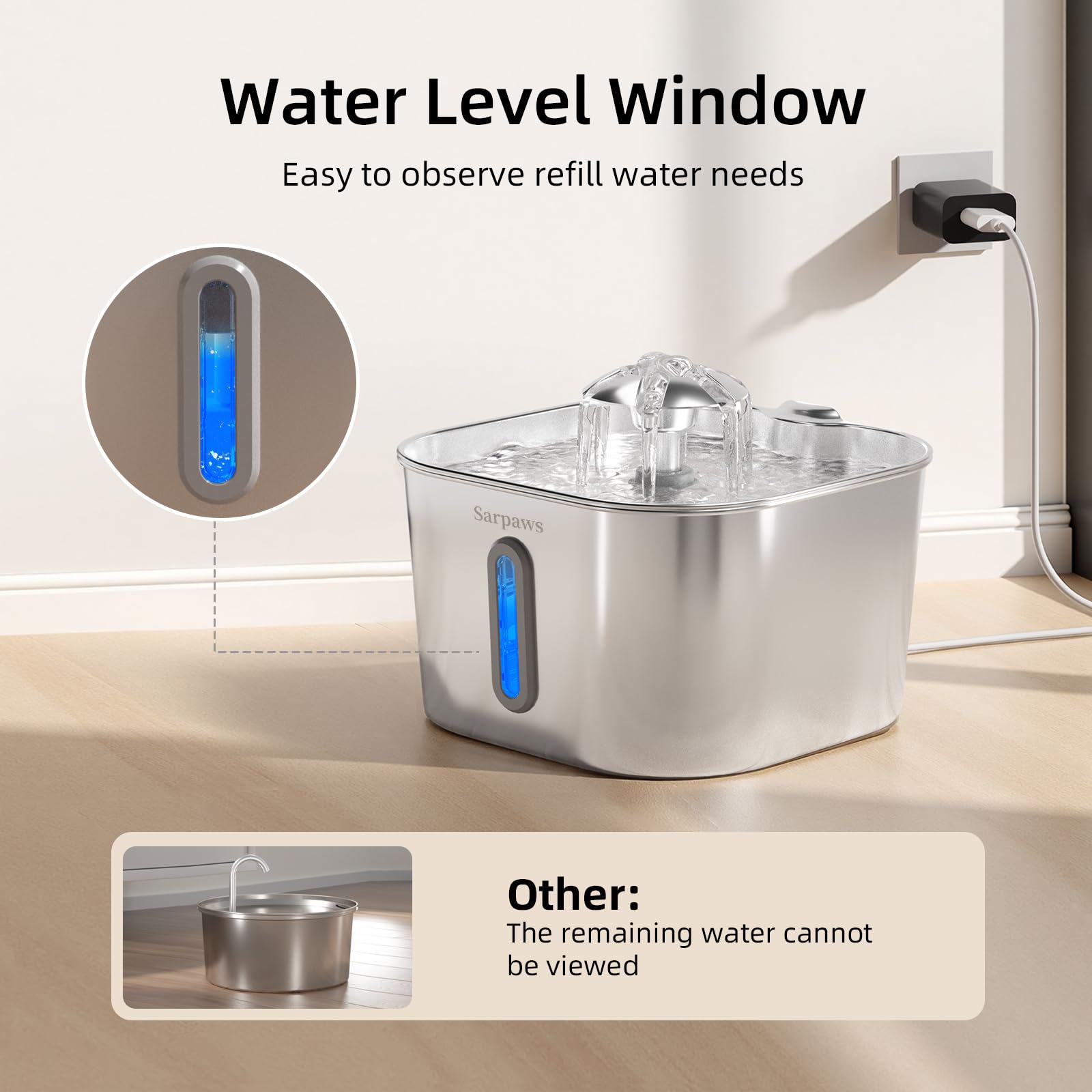 Sarpaws cat water fountain 74oz capacity indicating fewer refills