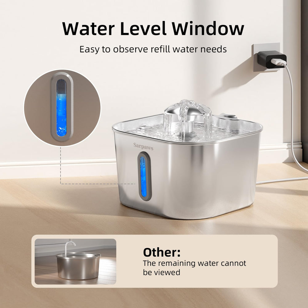 Sarpaws cat water fountain 74oz capacity indicating fewer refills