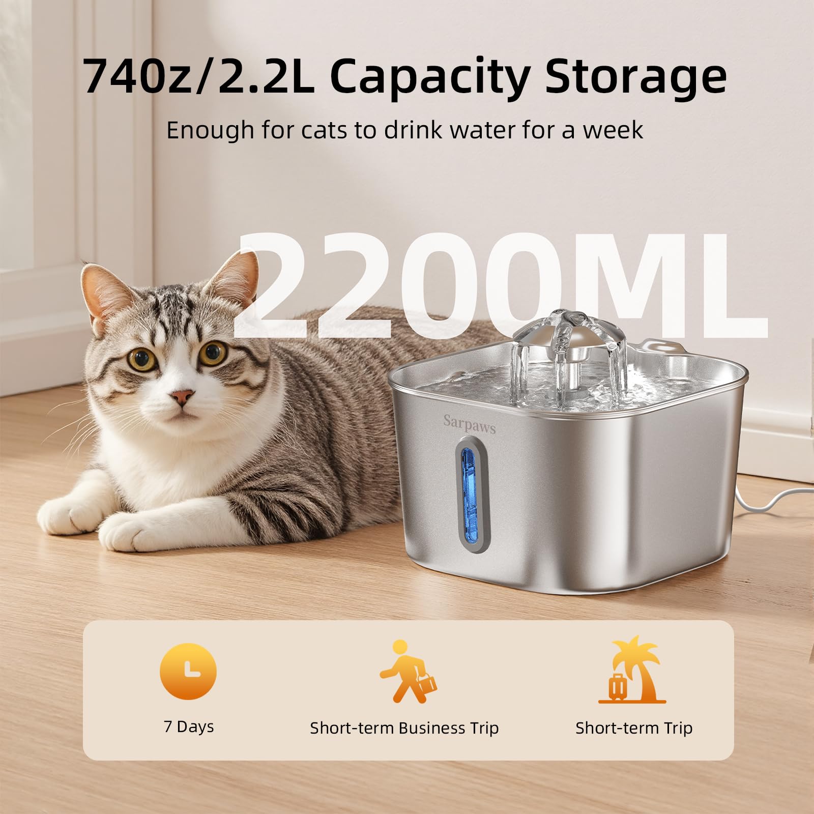 Sarpaws cat water fountain dynamic stream mimicking flowing water