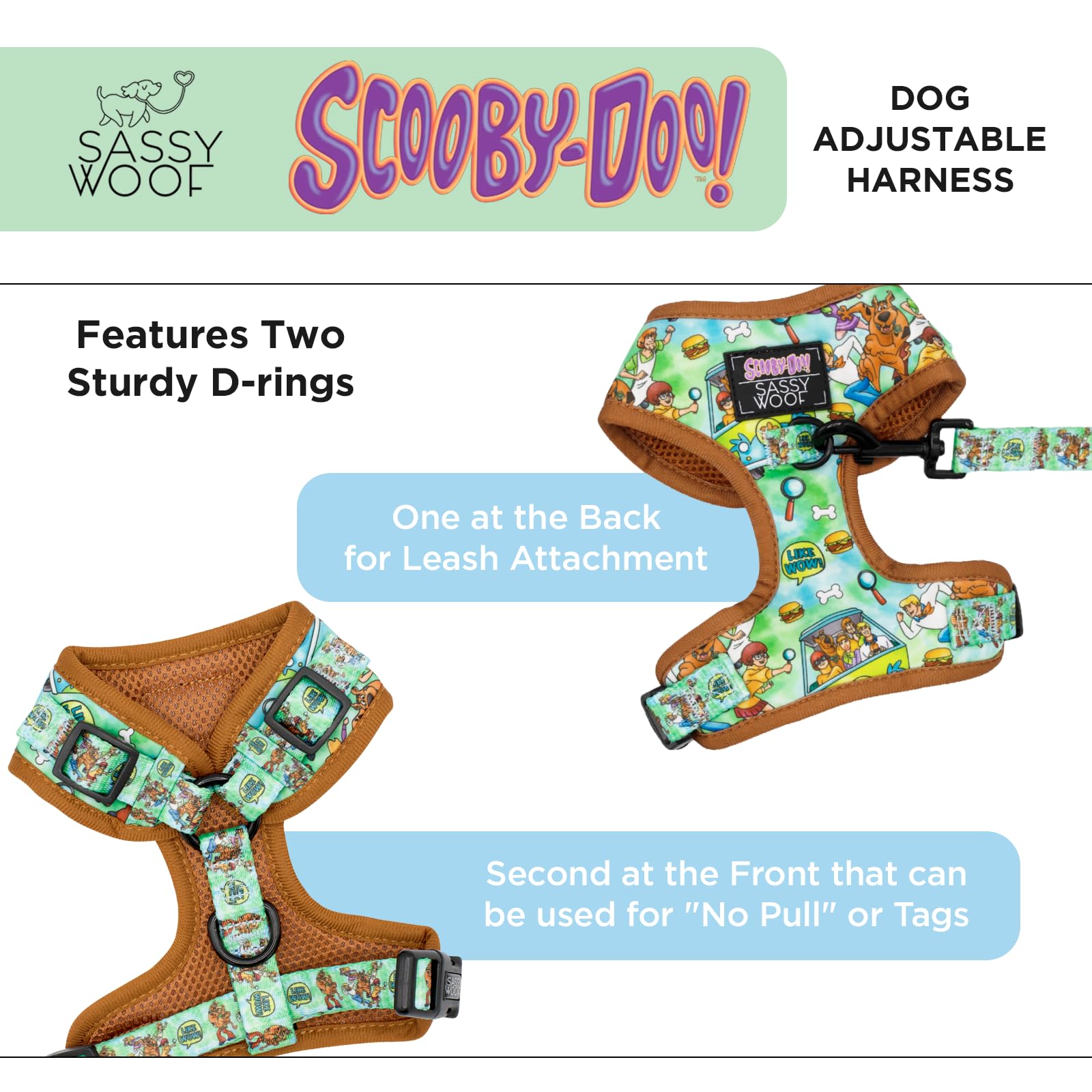 Sassy Woof Scooby-Doo harness back D-ring attachment for secure leash options.