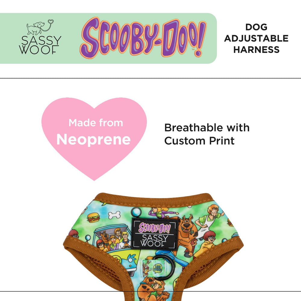 Sassy Woof Scooby-Doo harness neoprene fabric offers durable comfort.
