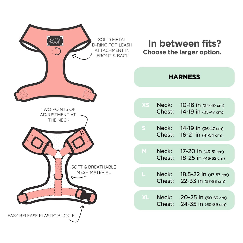 Sassy Woof Belle harness adjustable at neck and chest for a comfortable, growing fit.