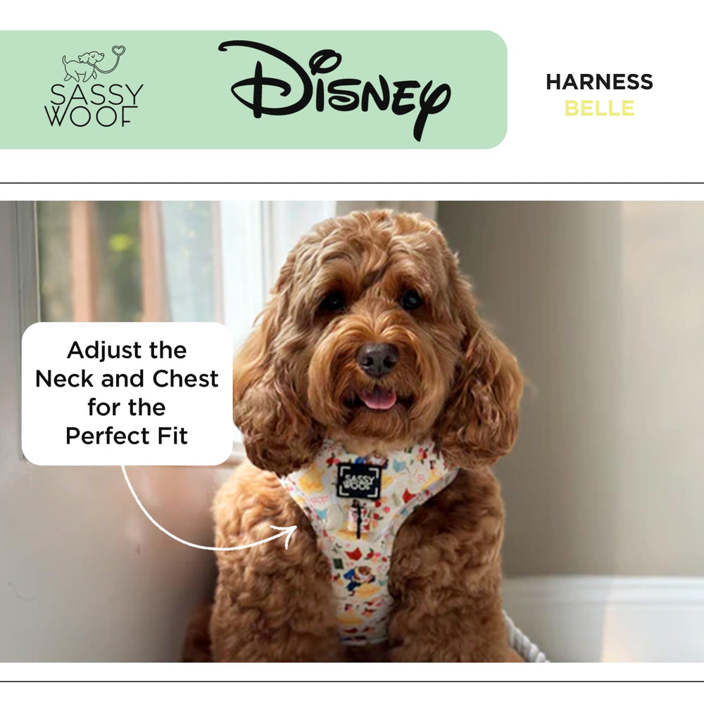 Sassy Woof Belle harness with neoprene fabric for durability and Disney styling.