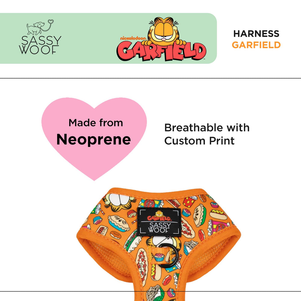 Sassy Woof Garfield Harness adjustable neck and chest for growing dogs.