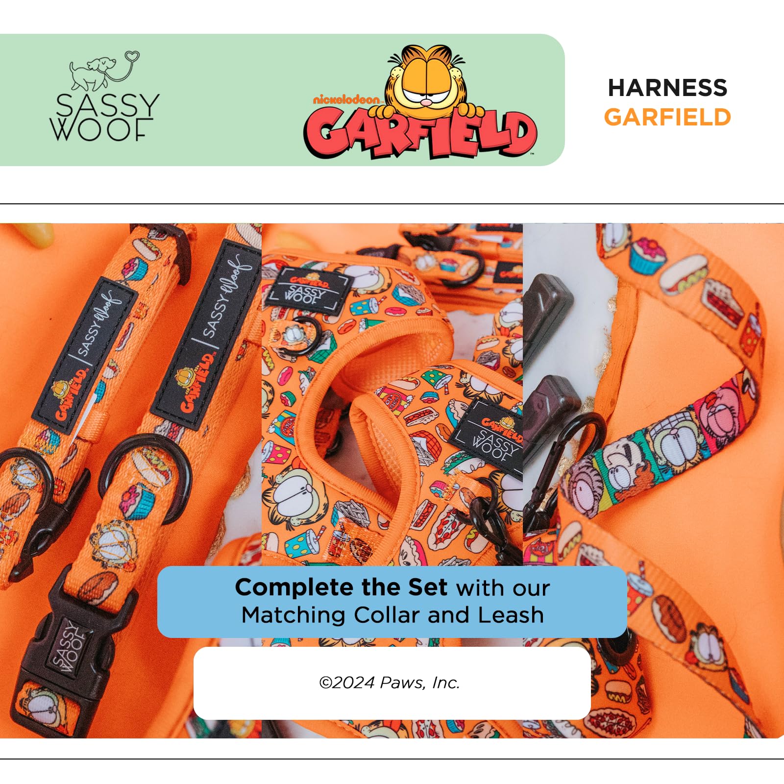 Sassy Woof Garfield Harness complete set complements leash, collar, and bag holder.