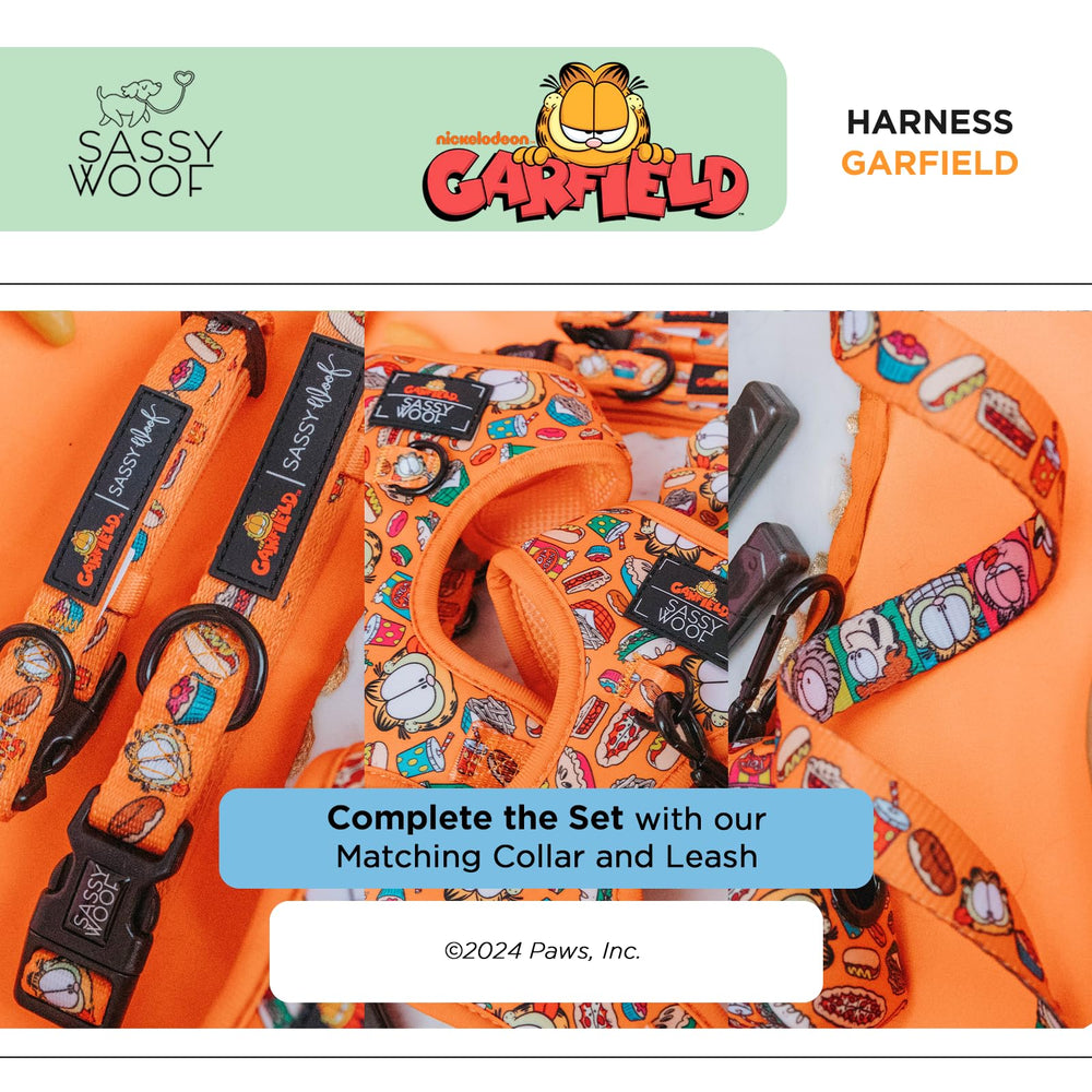 Sassy Woof Garfield Harness complete set complements leash, collar, and bag holder.