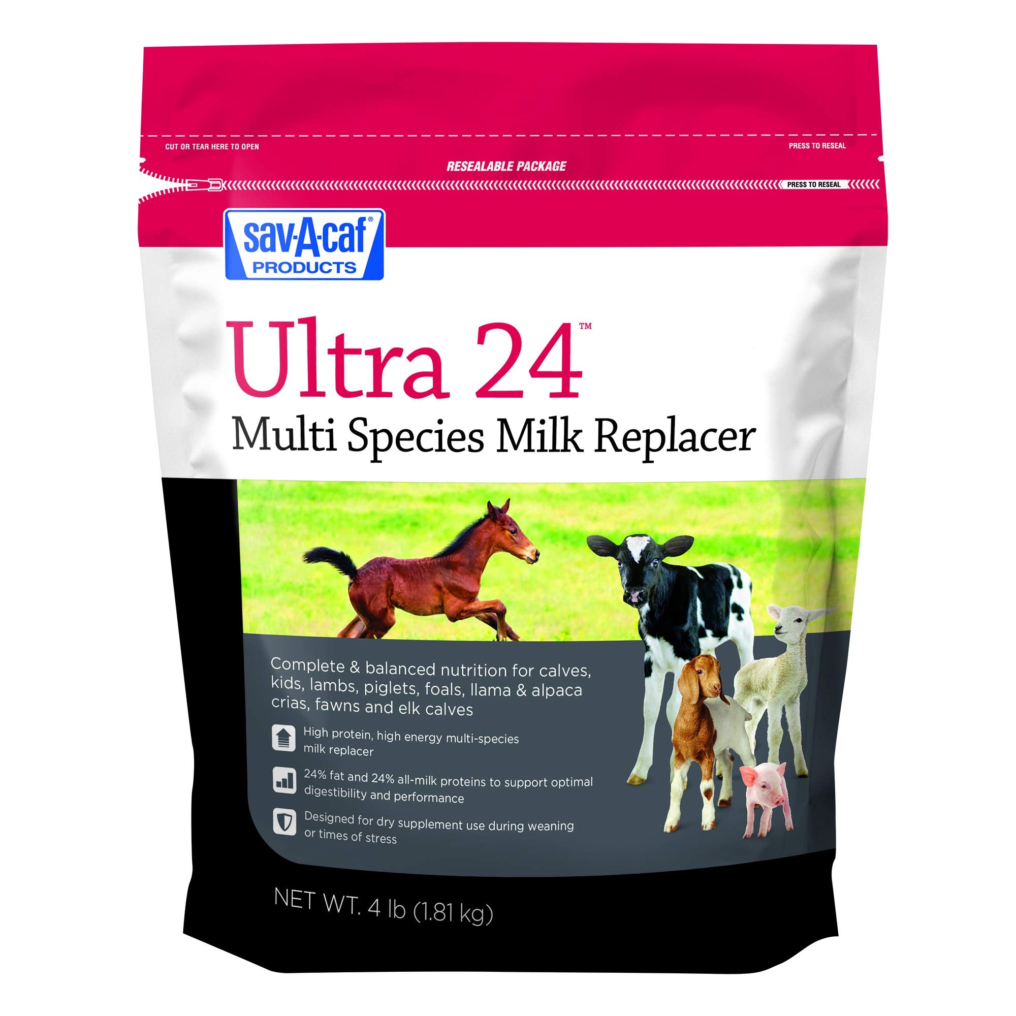 Sav-A-Caf Milk Replacer bag showing resealable packaging for easy storage and prep.