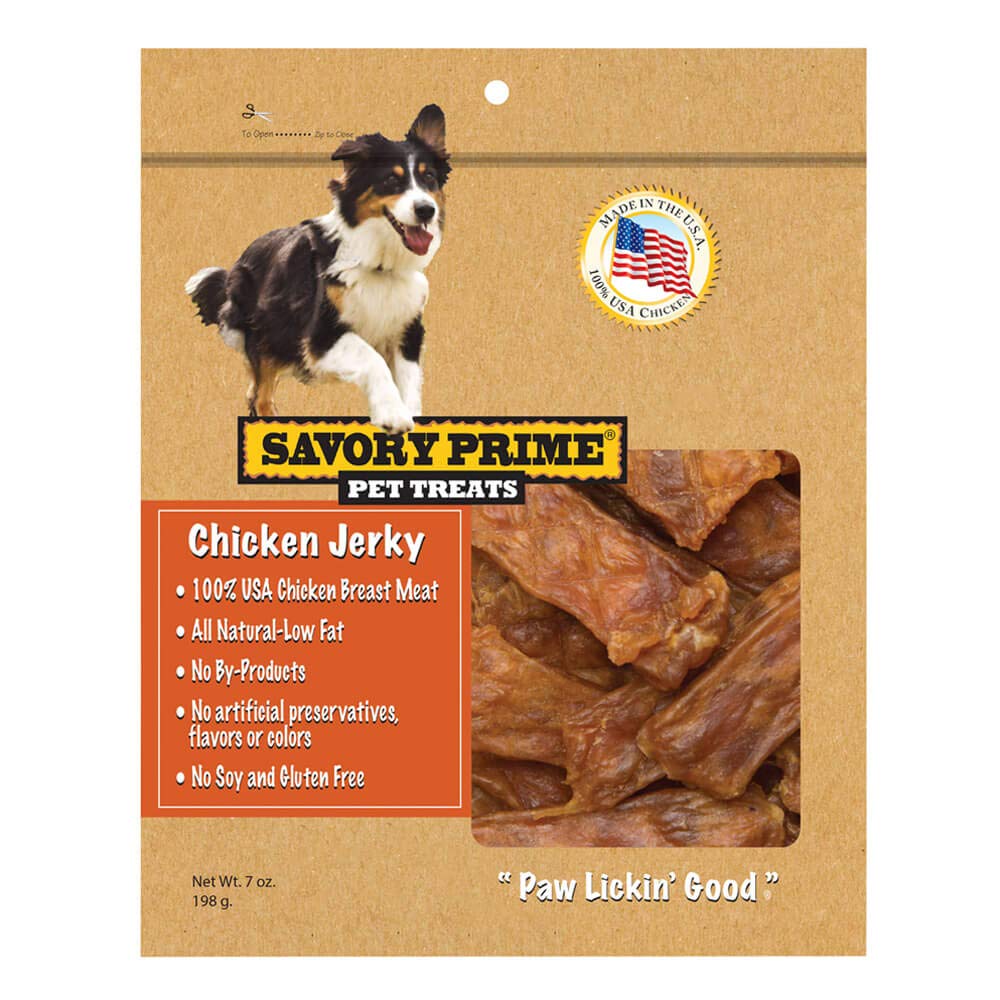 Savory Prime 371 USA natural chicken jerky dog treats image showcases hand-sliced, slow-roasted bites ideal for training.