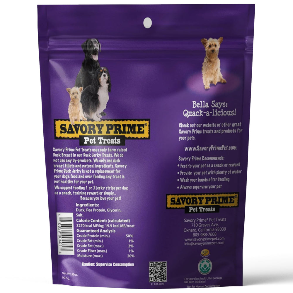 Savory Prime duck jerky ingredient label shows no corn, gluten.