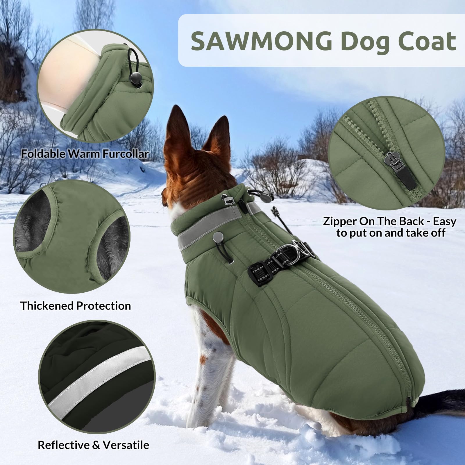 SAWMONG dog coat features easy-on-off zipper for quick dressing.