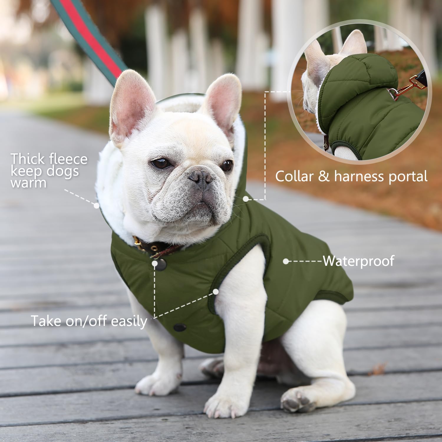 SAWMONG dog coat features leash hole at neck for easy leash attachment