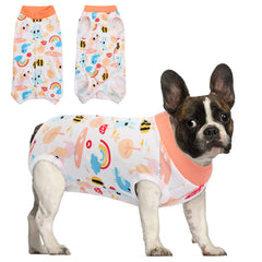SAWMONG dog recovery suit orange bee front view showing post-op protection and comfort