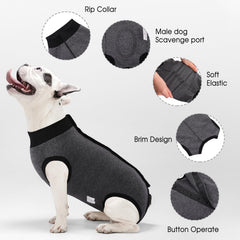 SAWMONG E-collar alternative shows full-body coverage letting dog walk and eat freely.