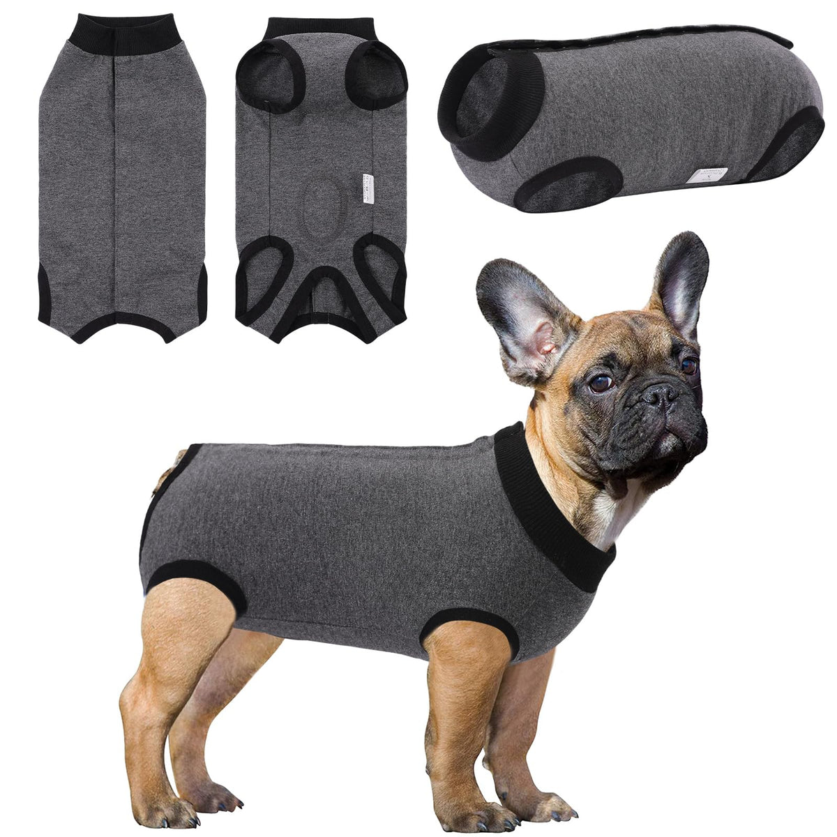 SAWMONG recovery suit dogs grey front view provides full-body coverage for post-surgery protection