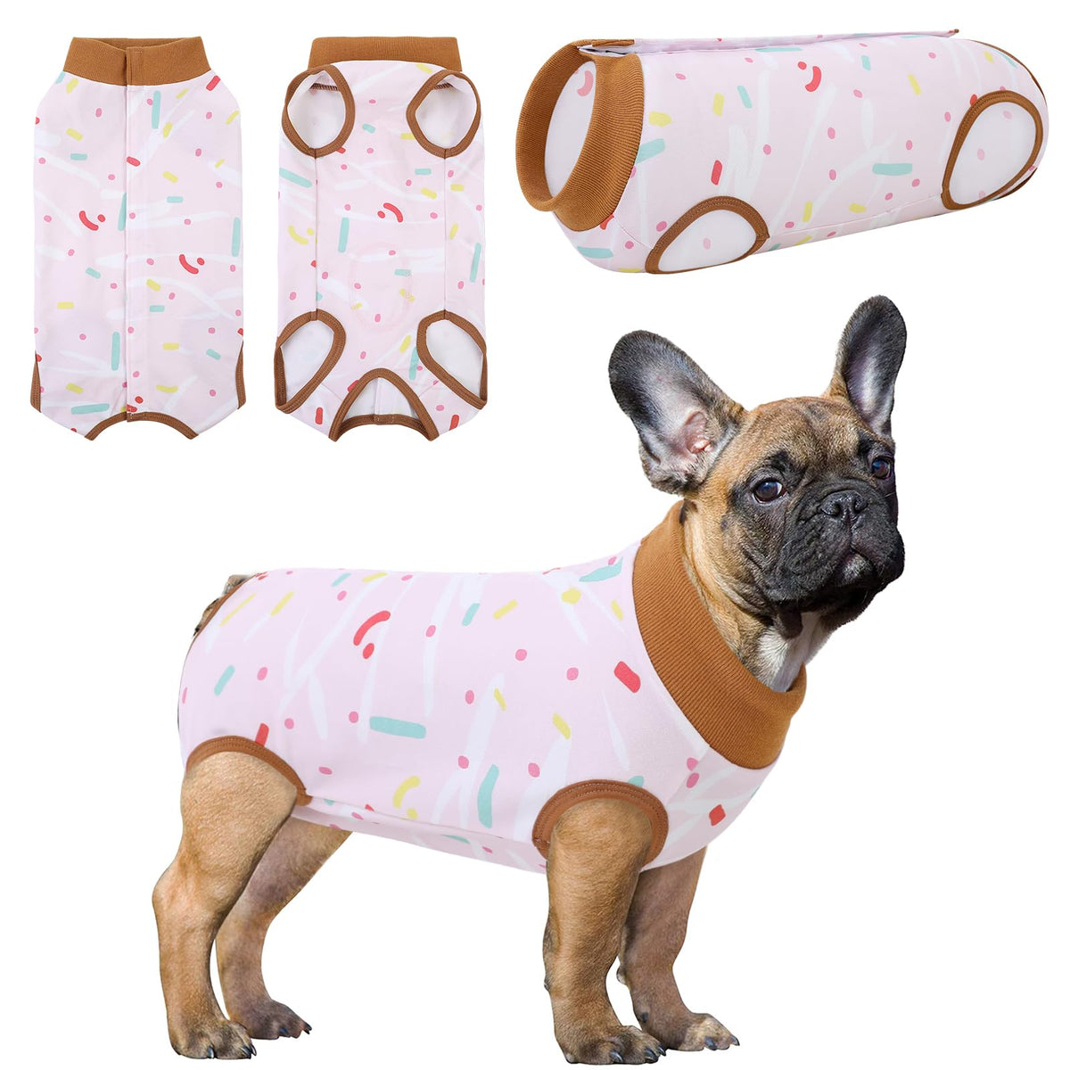 SAWMONG recovery suit pink on dog for post-surgery comfort and mobility