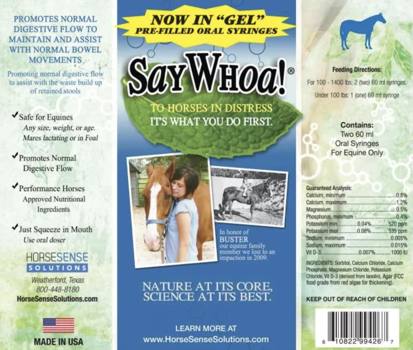 Say Whoa Gel horse-digestive-support emphasizes potential support during riding or weather changes.