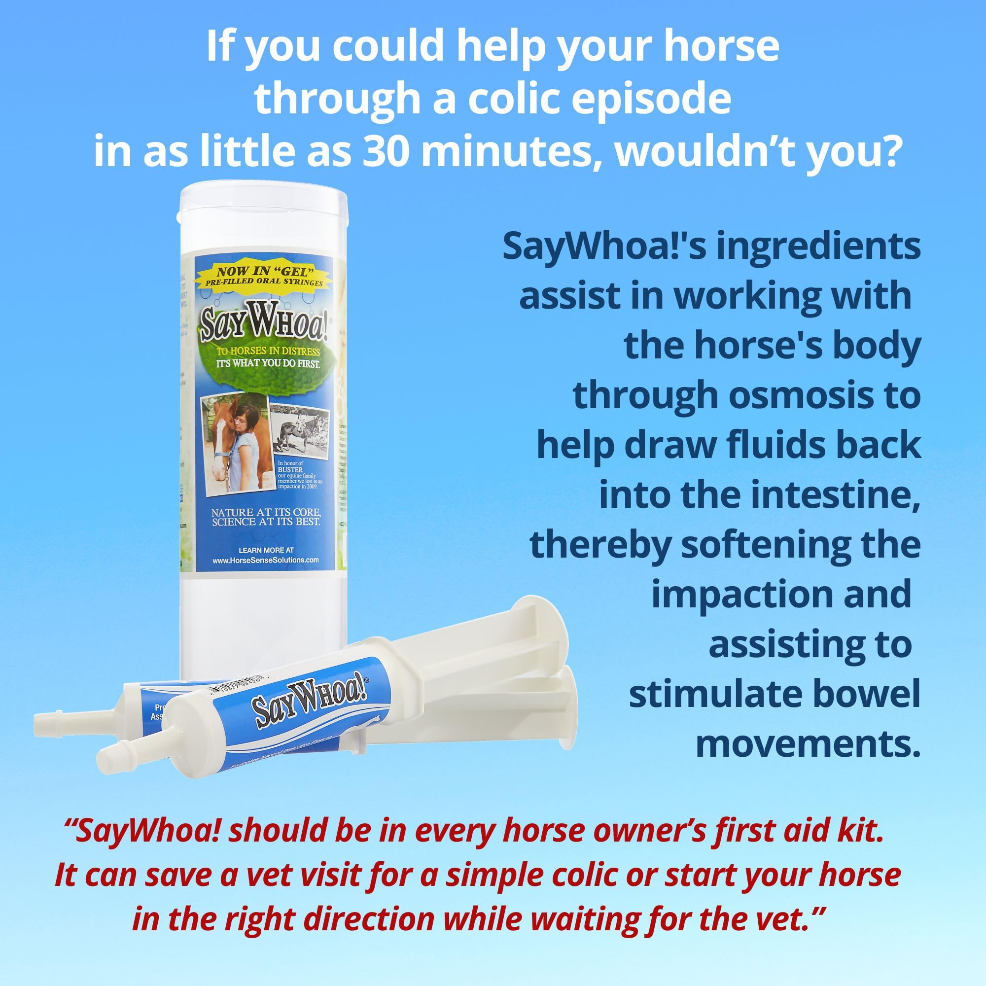Say Whoa Gel pre-filled syringes highlighting ease of administration for horses over 100 pounds.