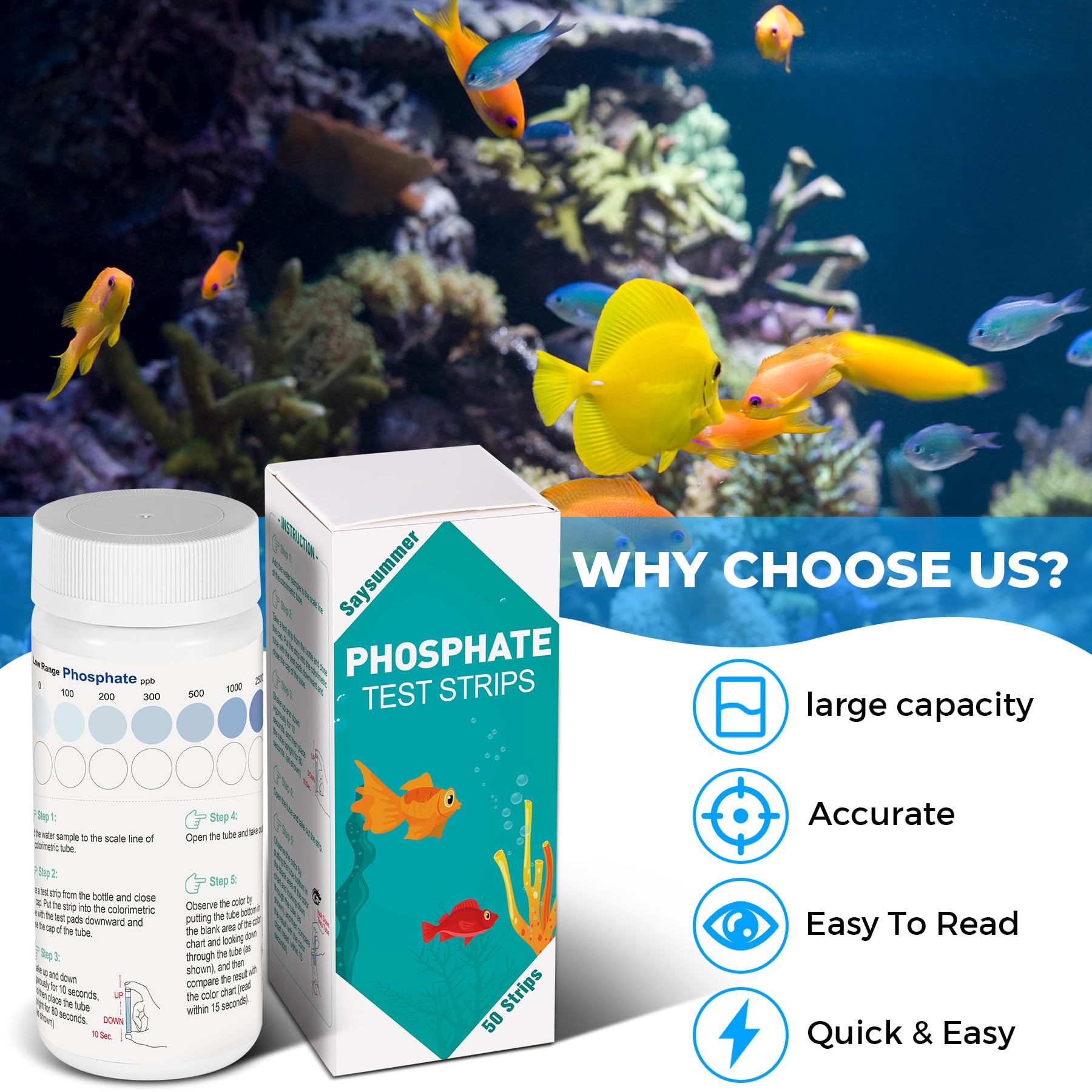 SaySummer phosphate test kit color chart used for easy interpretation of results.
