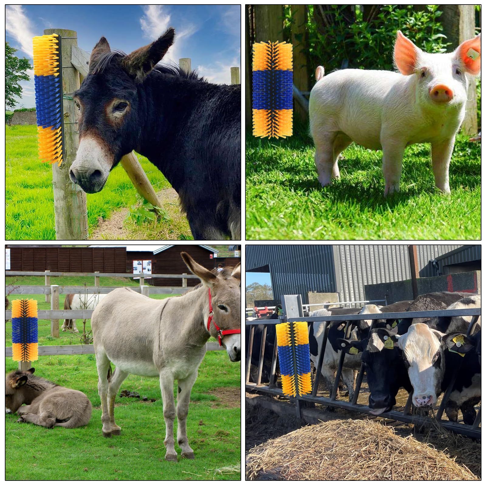 Sayutie livestock scratching brush-compatibility shows suitability for cattle, sheep, horses, and pigs