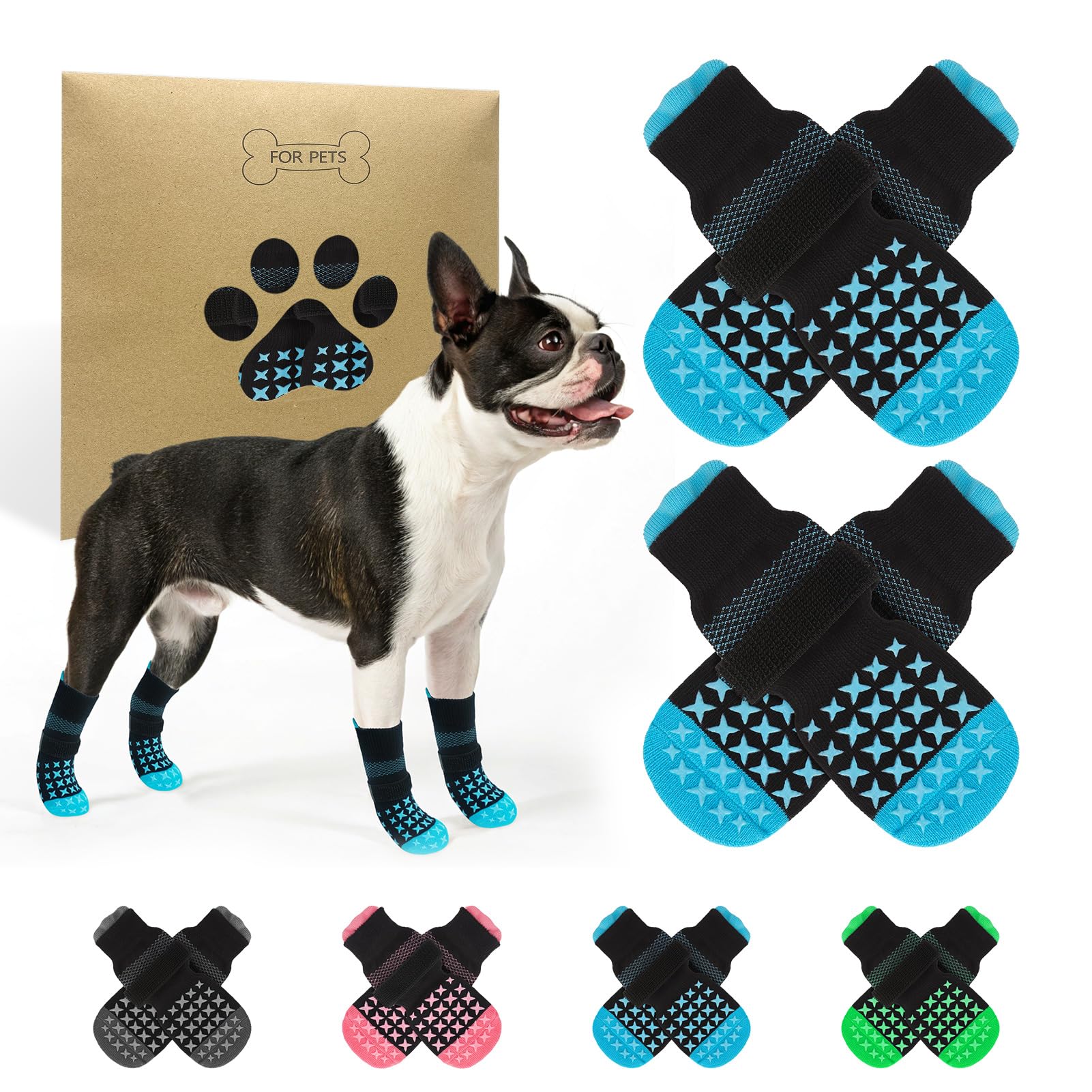 SCENEREAL anti-slip socks on paw showing traction on hardwood floor.
