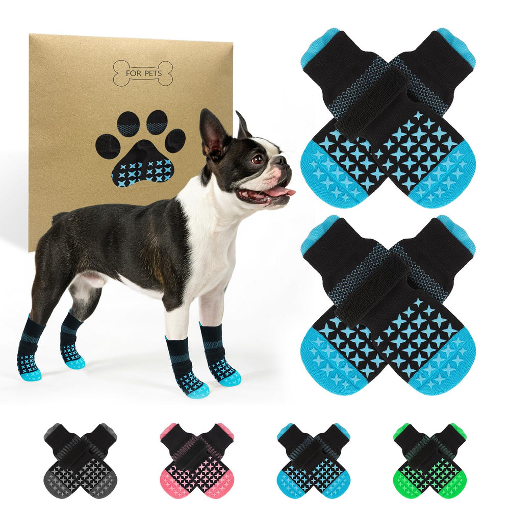 SCENEREAL anti-slip socks on paw showing traction on hardwood floor.