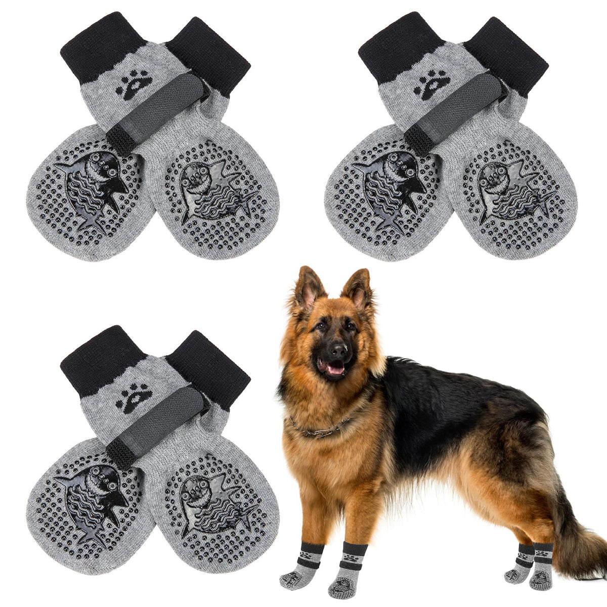 SCENEREAL anti-slip dog socks show paw traction on slick floors.