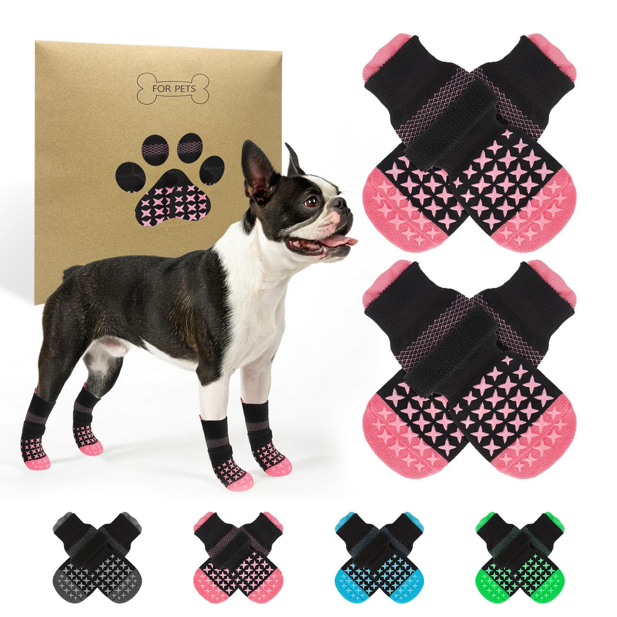 SCENEREAL anti-slip dog socks provide paw-traction on hardwood floors for steadier indoor walks.