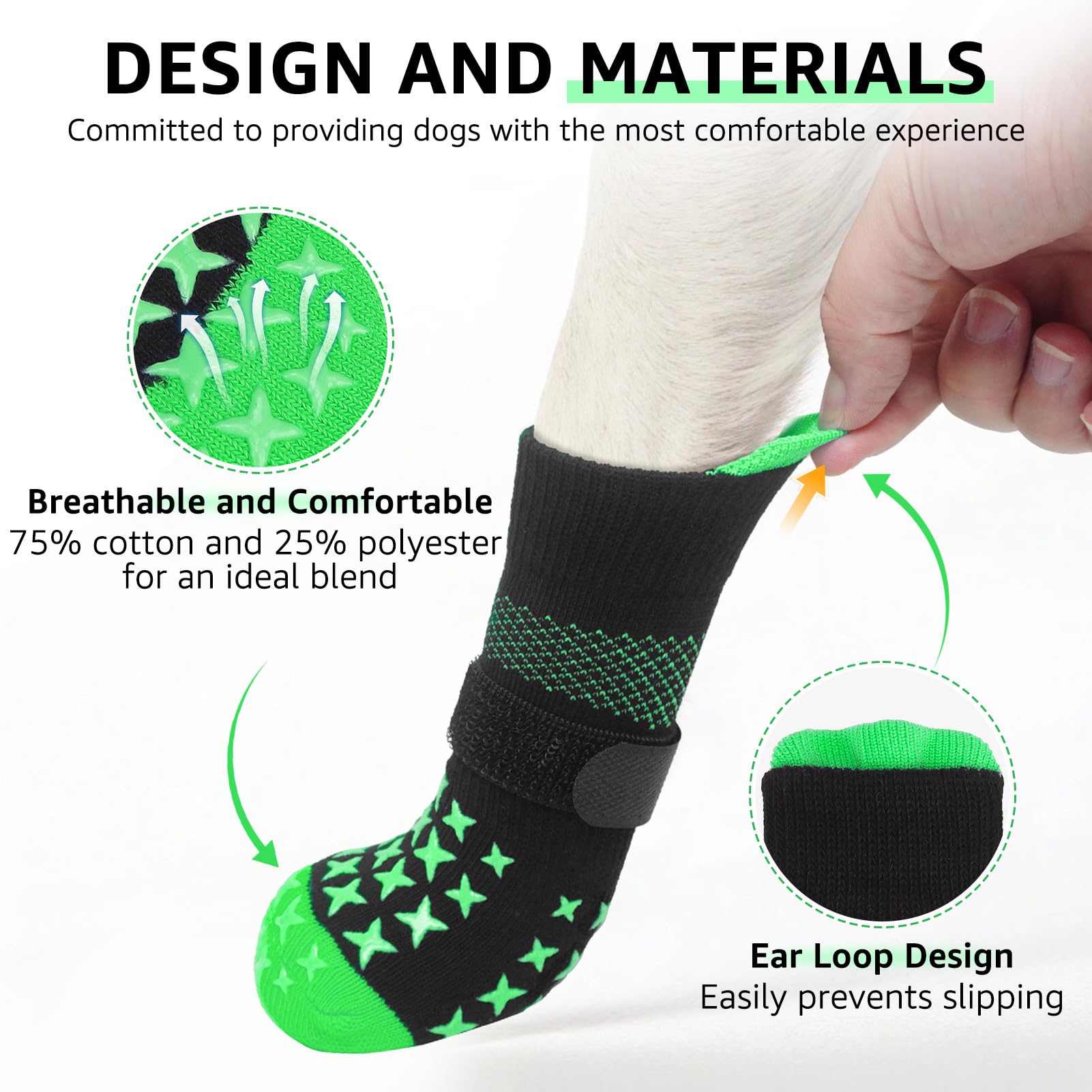 SCENEREAL socks in green offer a secure XS-XL fit for many dogs.