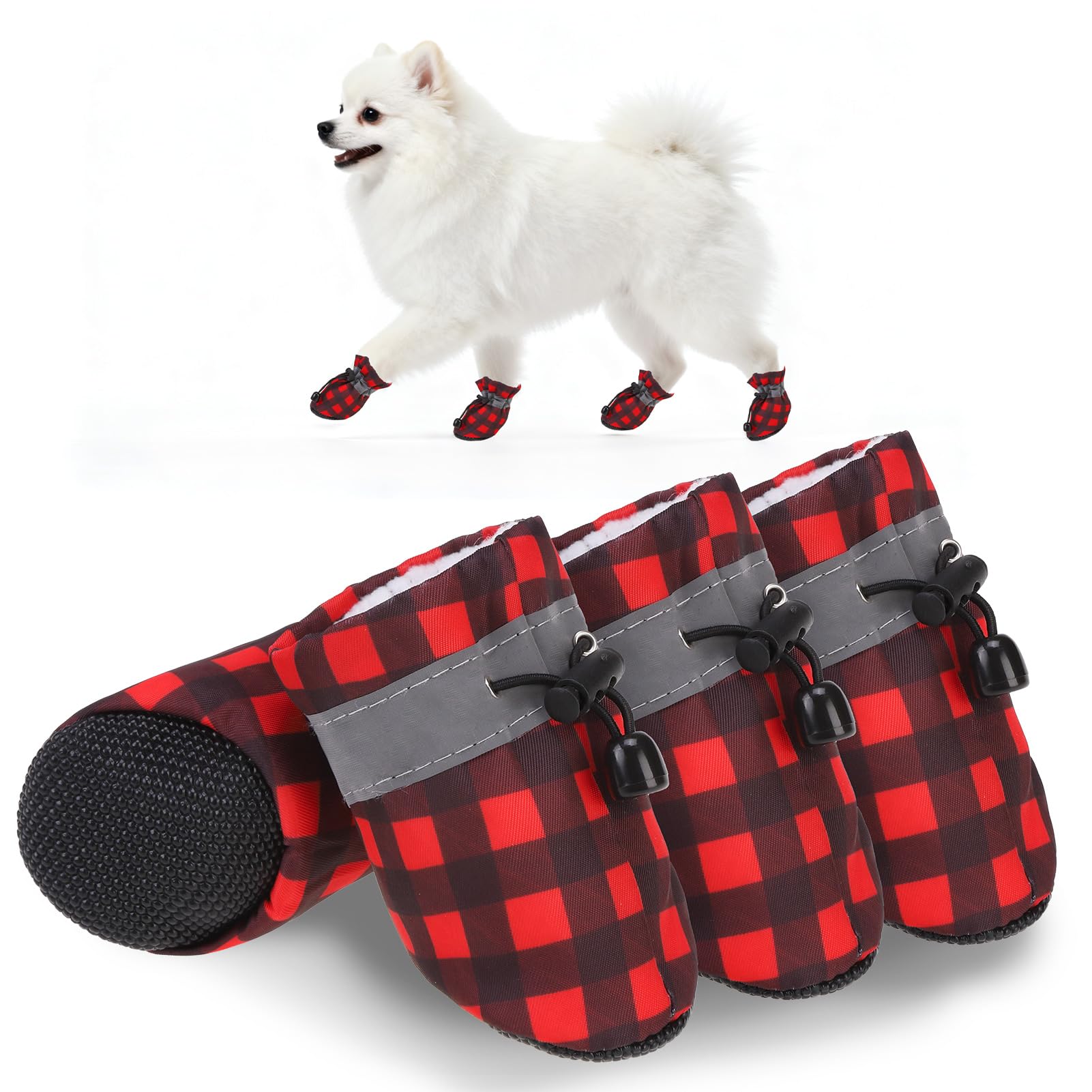 SCENEREAL Christmas dog shoes with red plaid exterior offer festive style and paw protection.