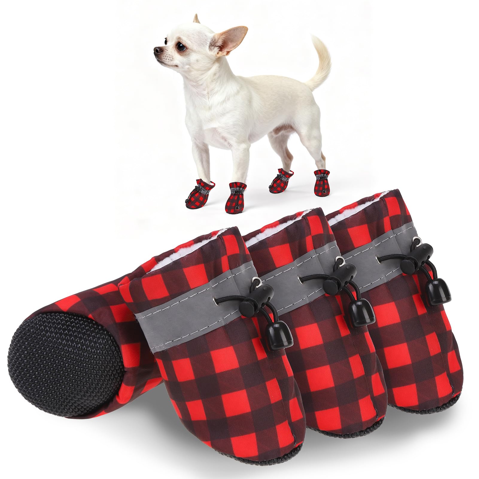 SCENEREAL Christmas dog shoes in red plaid pack offer festive paw protection on snowy sidewalks.