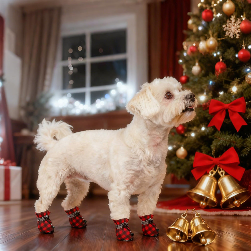 SCENEREAL dog shoes with white fleece interior keep paws warm during winter walks.