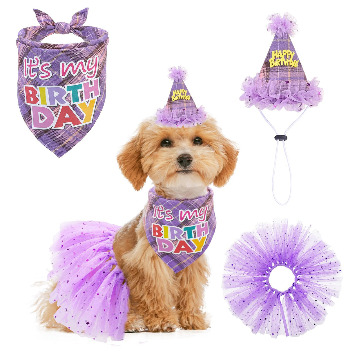 SCENEREAL dog birthday bandana image shows festive plaid charm for memorable photos.