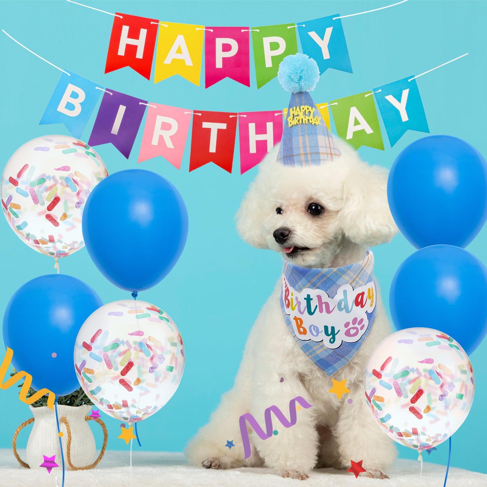 SCENEREAL dog birthday hat blue with pom poms for festive photos