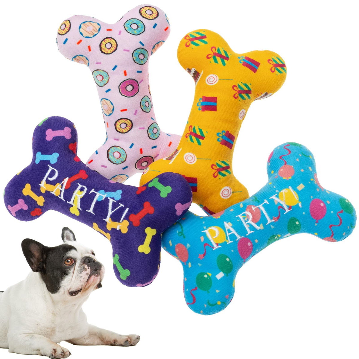SCENEREAL dog birthday bone-pattern toy front view for celebrations