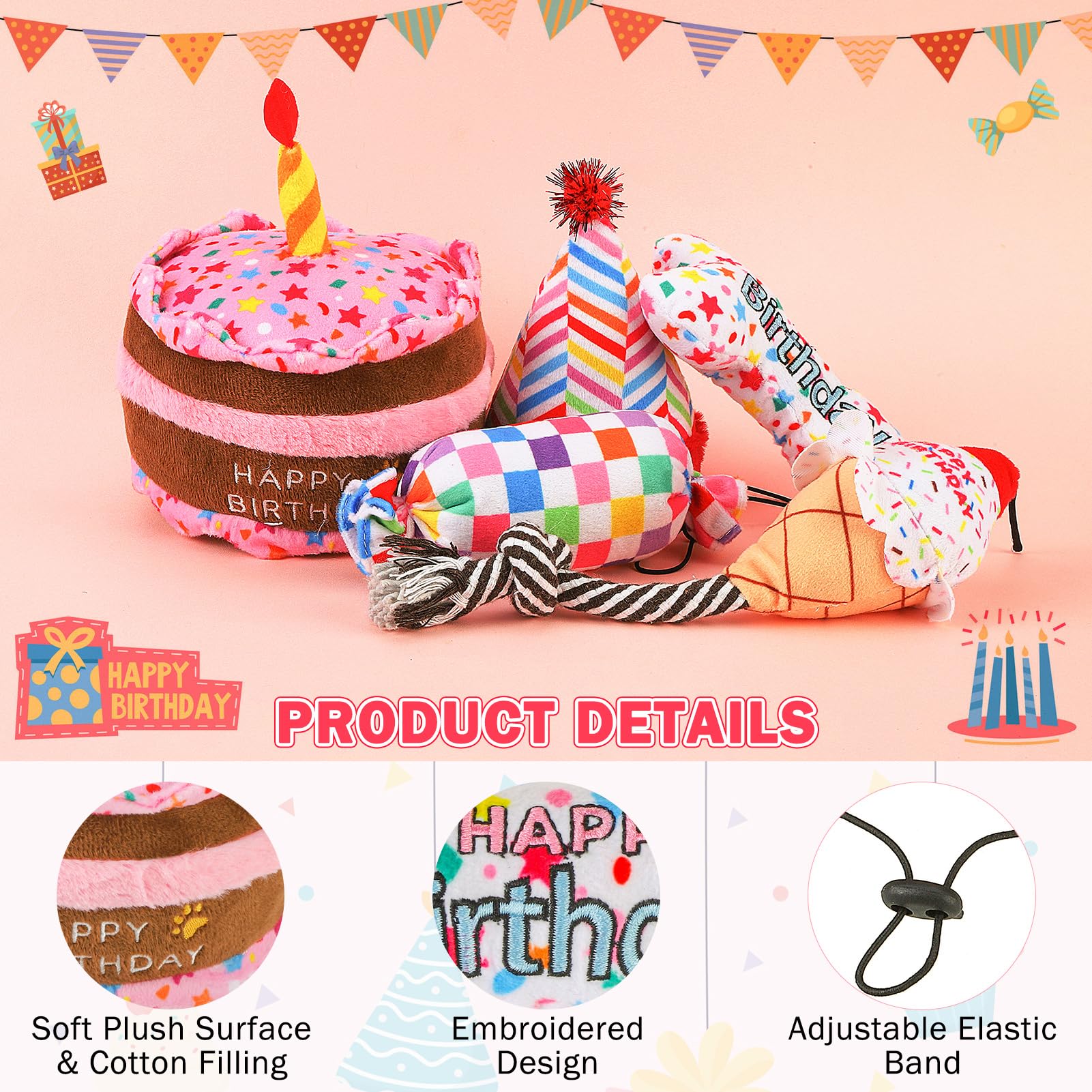 SCENEREAL dog birthday candy toy — colorful squeak and bright pattern to spark playtime.