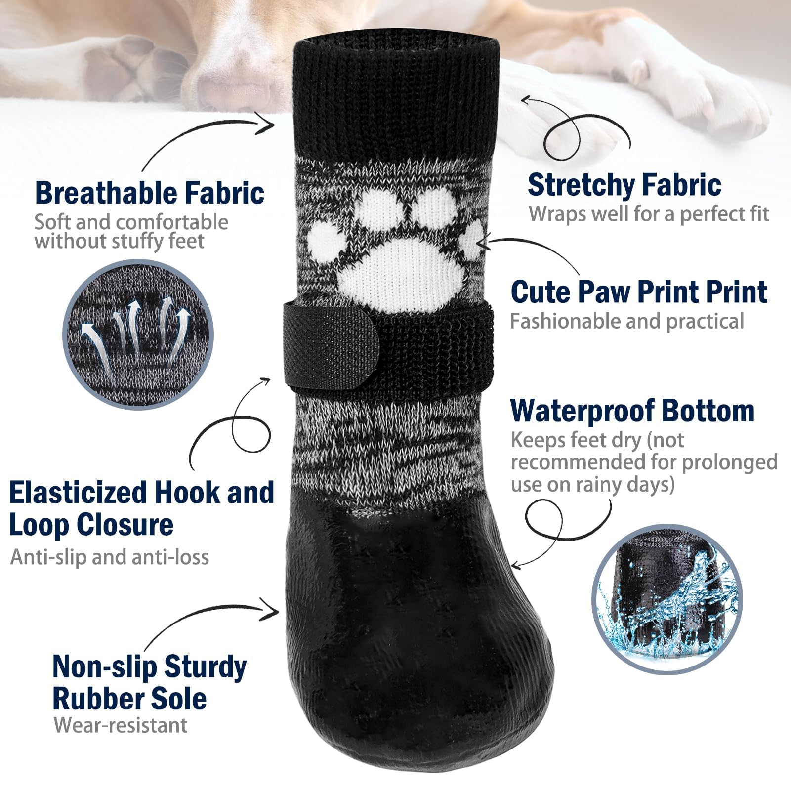 SCENEREAL dog boots feature loop and hook for secure fit on paws.