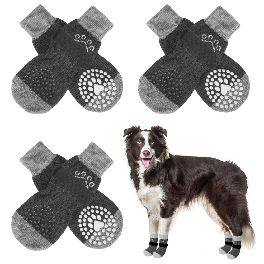 SCENEREAL dog socks pack-front view showing paw-pattern fabric and non-slip grip for indoor traction.