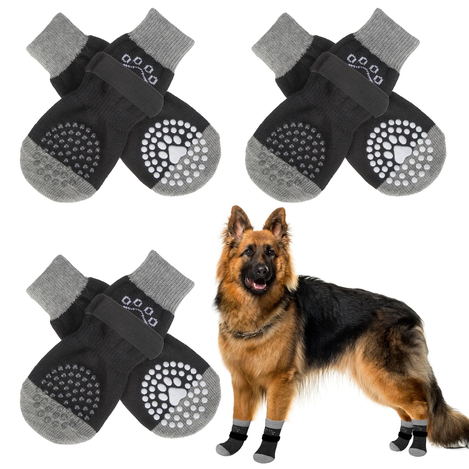 SCENEREAL dog socks show paw width 3.5in with improved grip on slick floors.