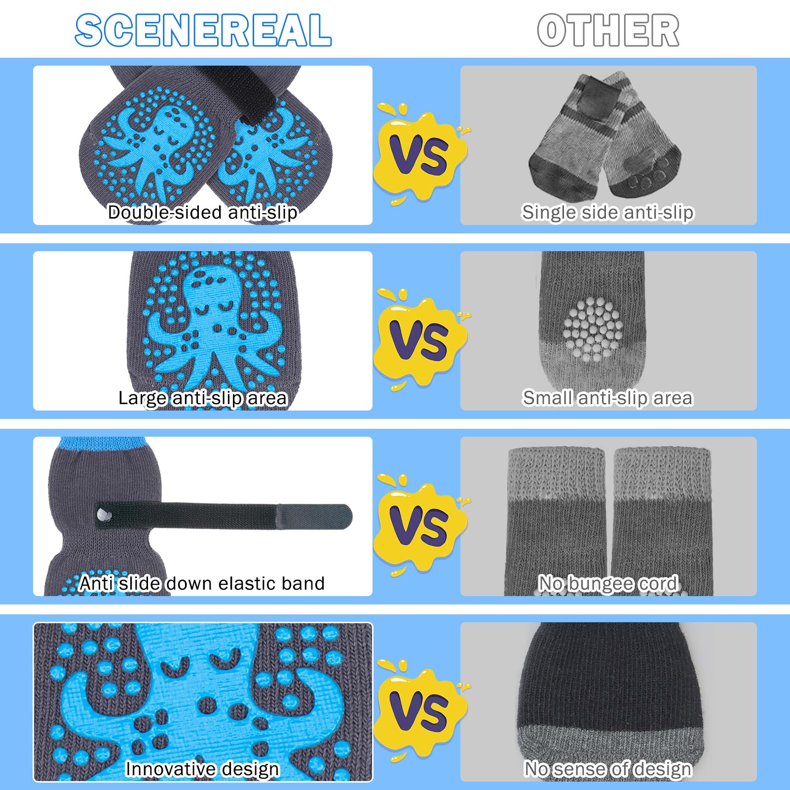 SCENEREAL dog socks available in multiple sizes for small to large dogs.