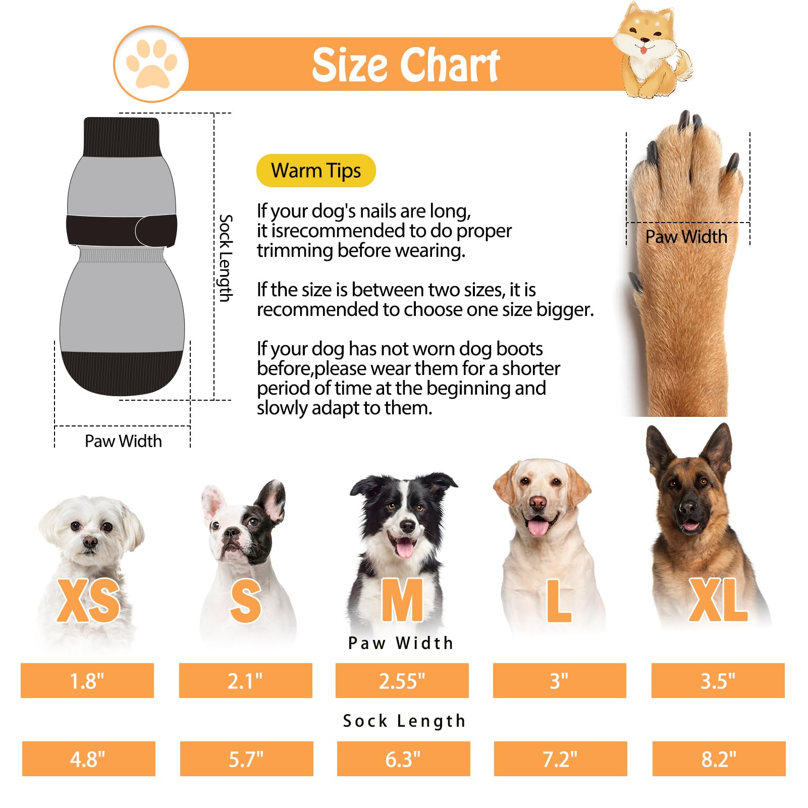 SCENEREAL dog socks highlight sock length 8.2in for secure paw coverage during walks.