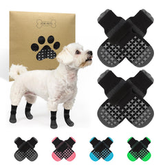 SCENEREAL dog socks on floor show traction for safer indoor walking and hardwood protection.