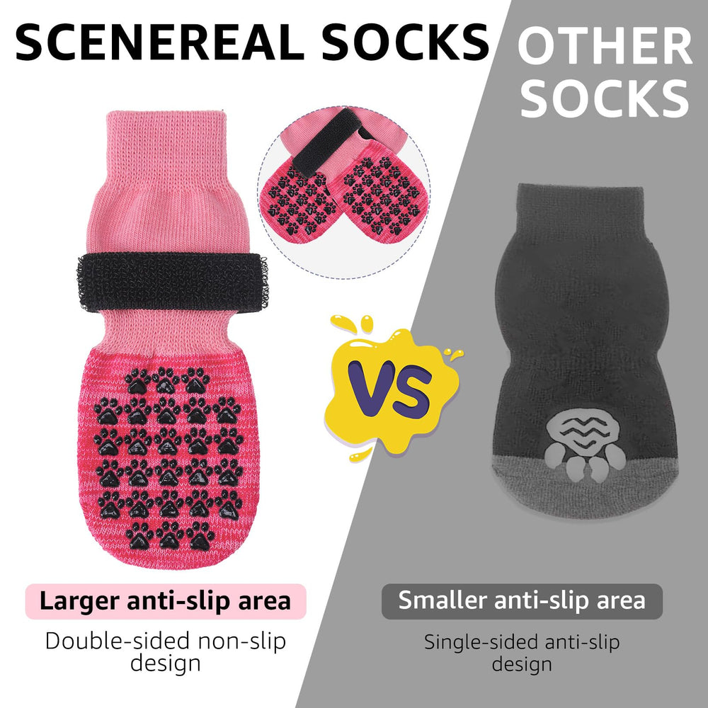 SCENEREAL dog socks on-walk demonstrate improved traction during activity.