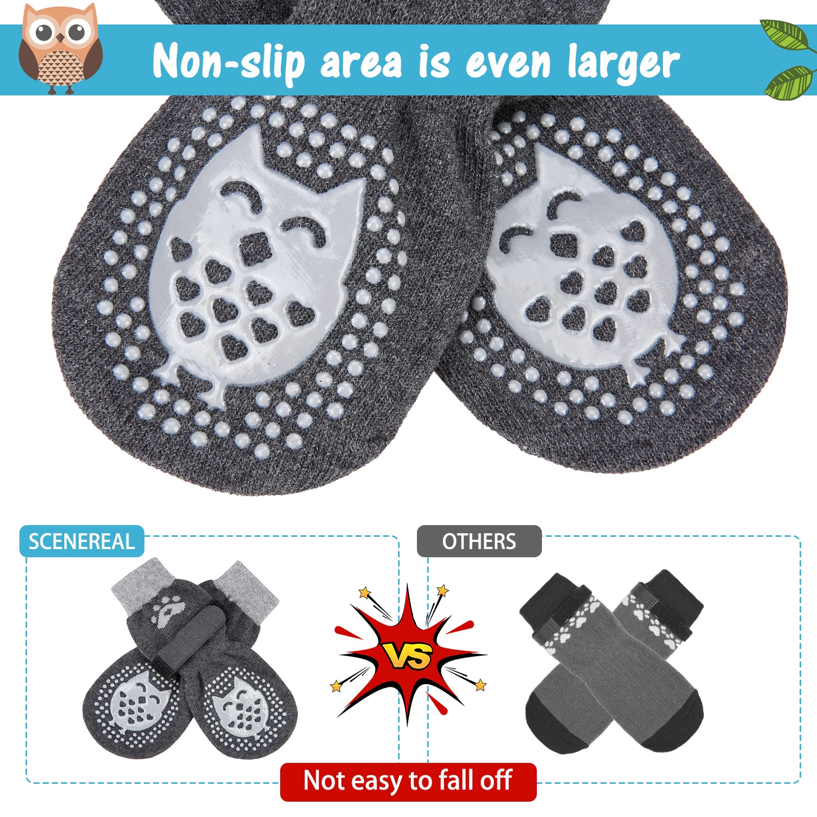 SCENEREAL dog socks worn on dog during activity for traction and paw protection.