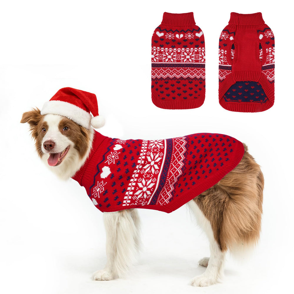 SCENEREAL dog sweater knit pattern with hearts and snowflakes for festive warmth.