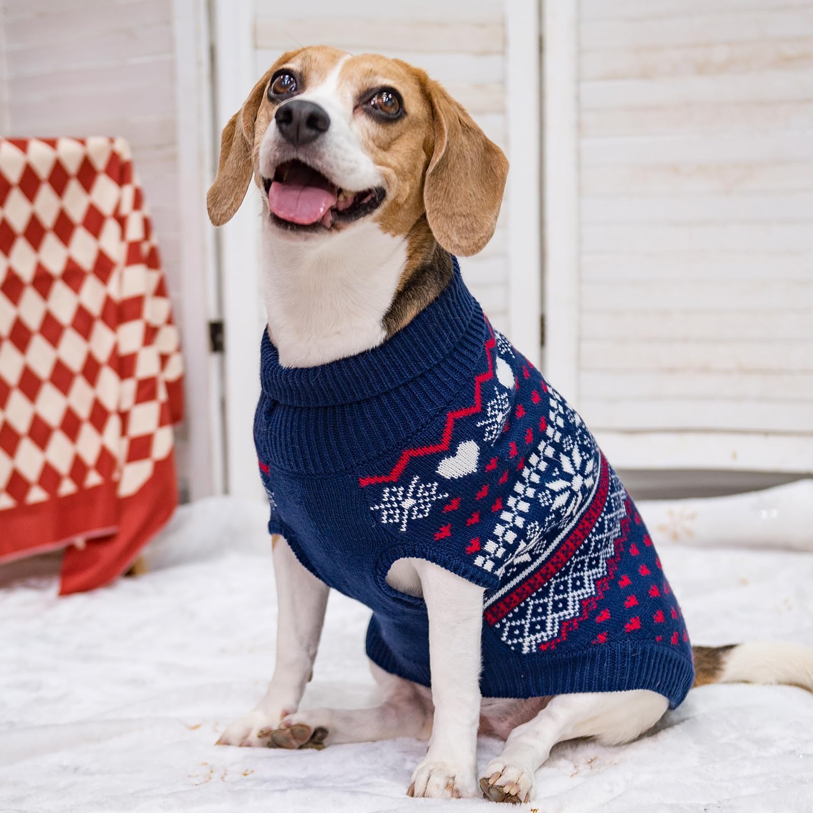 SCENEREAL dog sweater pattern-hearts-snowflakes adds festive style and charm.
