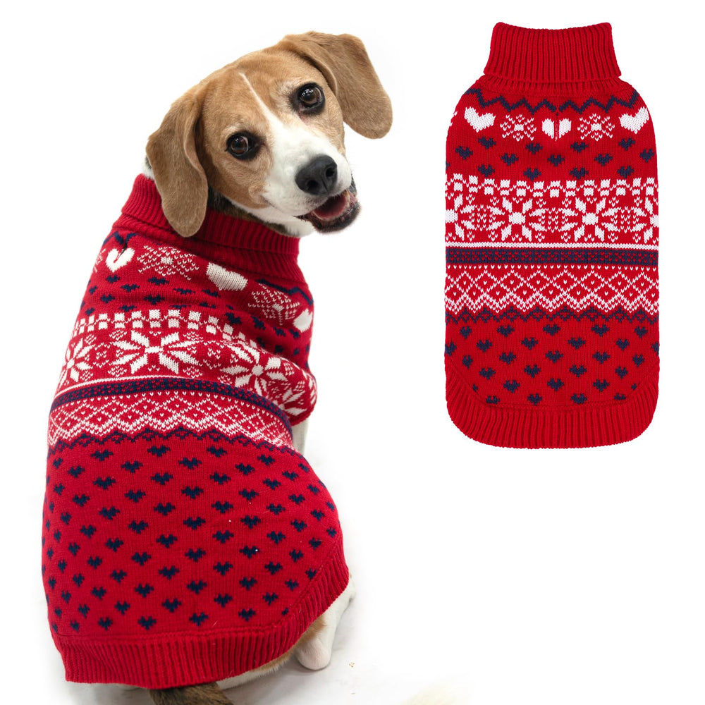 SCENEREAL dog sweater red closeup knit highlights cozy warmth for winter walks.