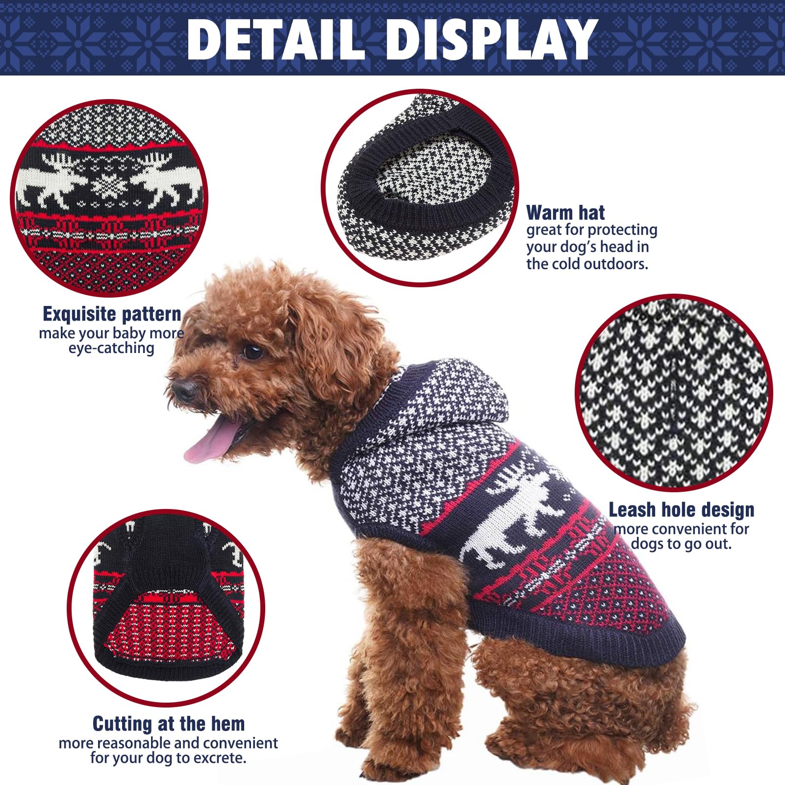 SCENEREAL dog sweater with turtleneck on dog for easy wearing.